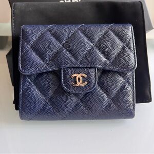 Chanel Quilted Caviar Leather Trifold Wallet in NAVY SHW